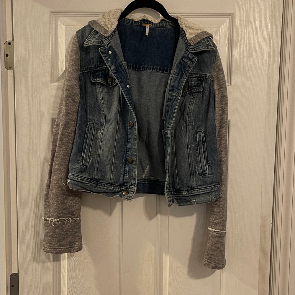Free People Distressed Jean Jacket Hooded Fabric Sleeve